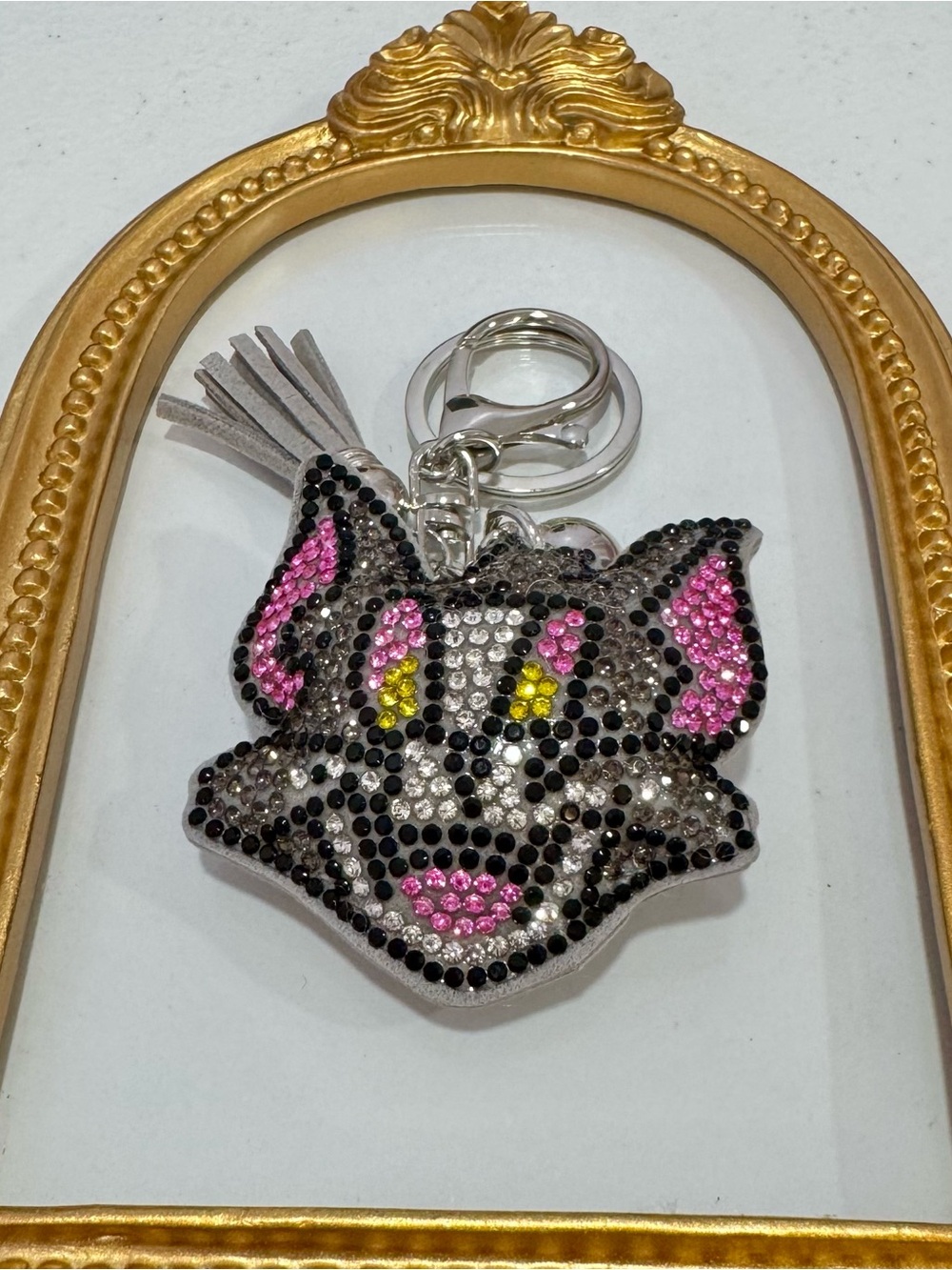New Gray Crystal Cat Face Keychain Charm - Pink & Yellow Accent